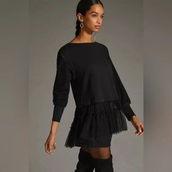Free People Black Pullover With Sheer Ruffle Hem & Crochet Details Small Petite - Picture 2 of 10